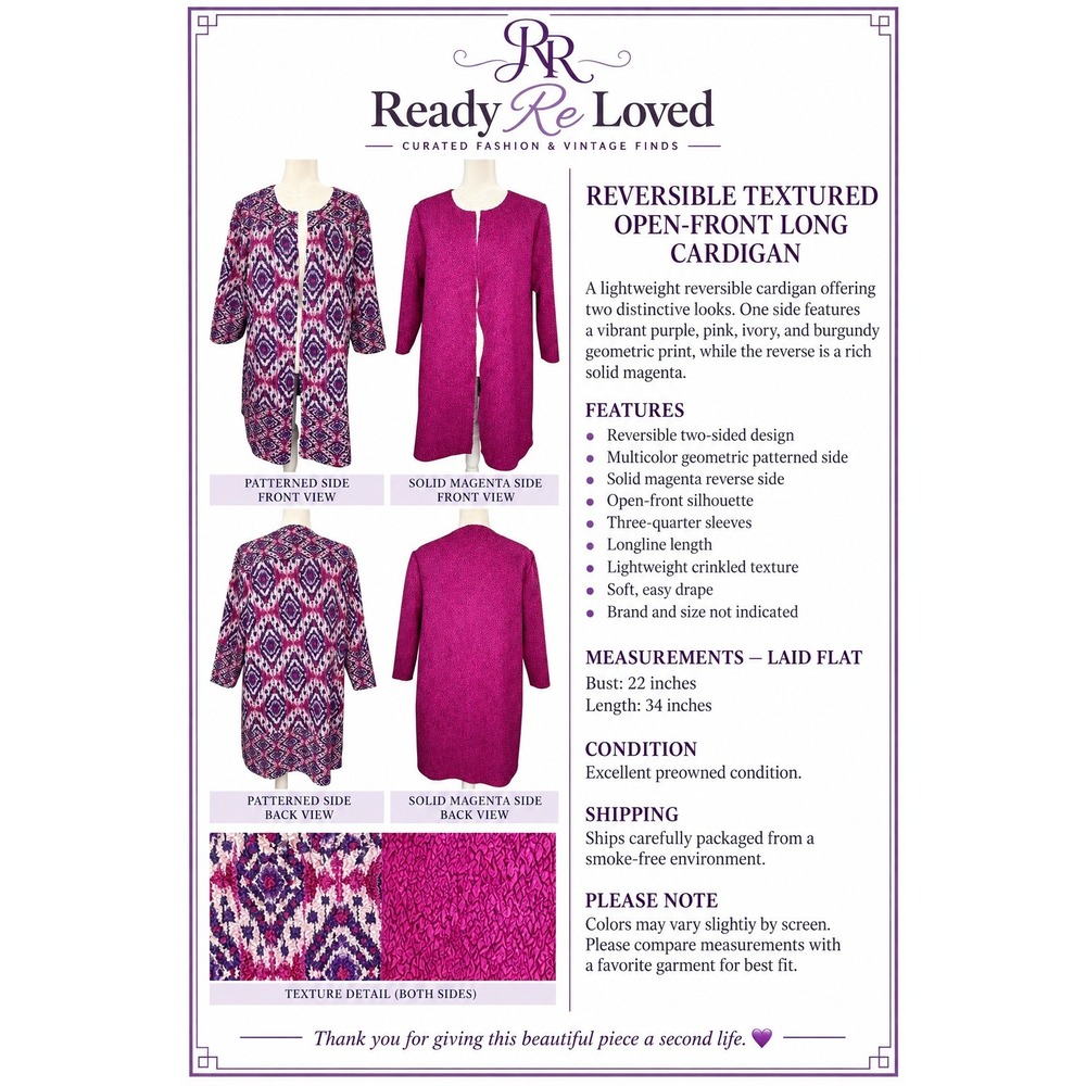 Reversible Women's Magenta Purple Geometric Crinkle Open Front Long Cardigan XL